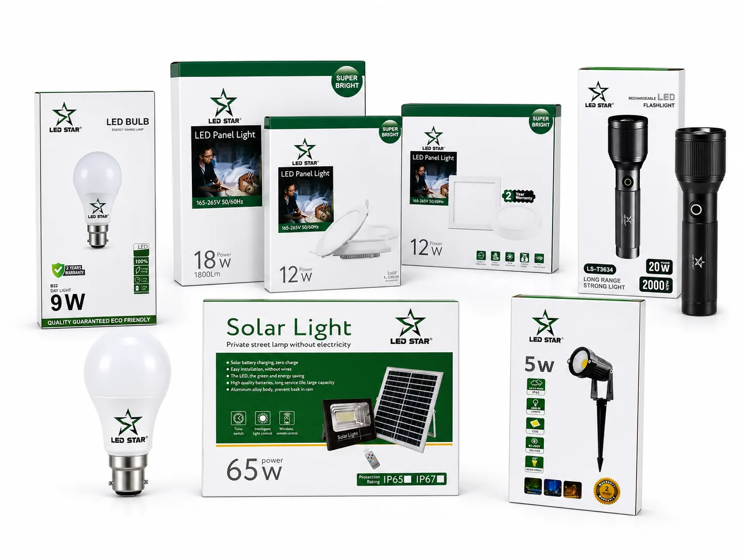 LED STAR bulb, panel light, torch, spotlight and solar light product range